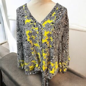 Ruby Rd Black and Yellow Relaxed Tie Front Blouse